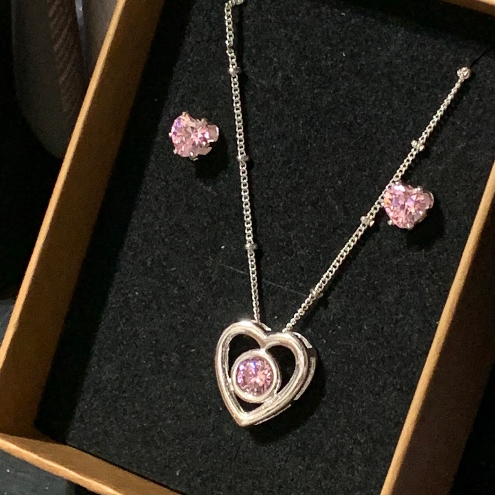 Hypoallergenic Silver Tone Pendant Necklace, Stud Earrings Cubic Zirconia Heart